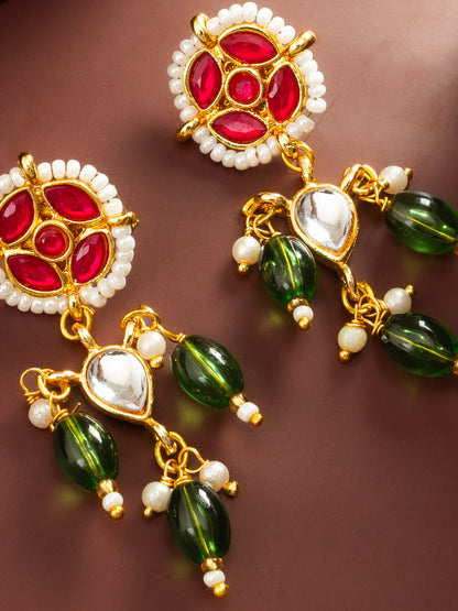 Aadita Red Green Kundan Drop Earrings