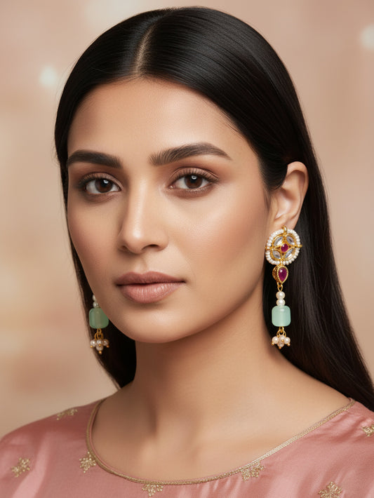 Aadita Mint Green Kundan Long Earrings