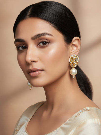 Aadita White Kundan Pearl Drop Earrings
