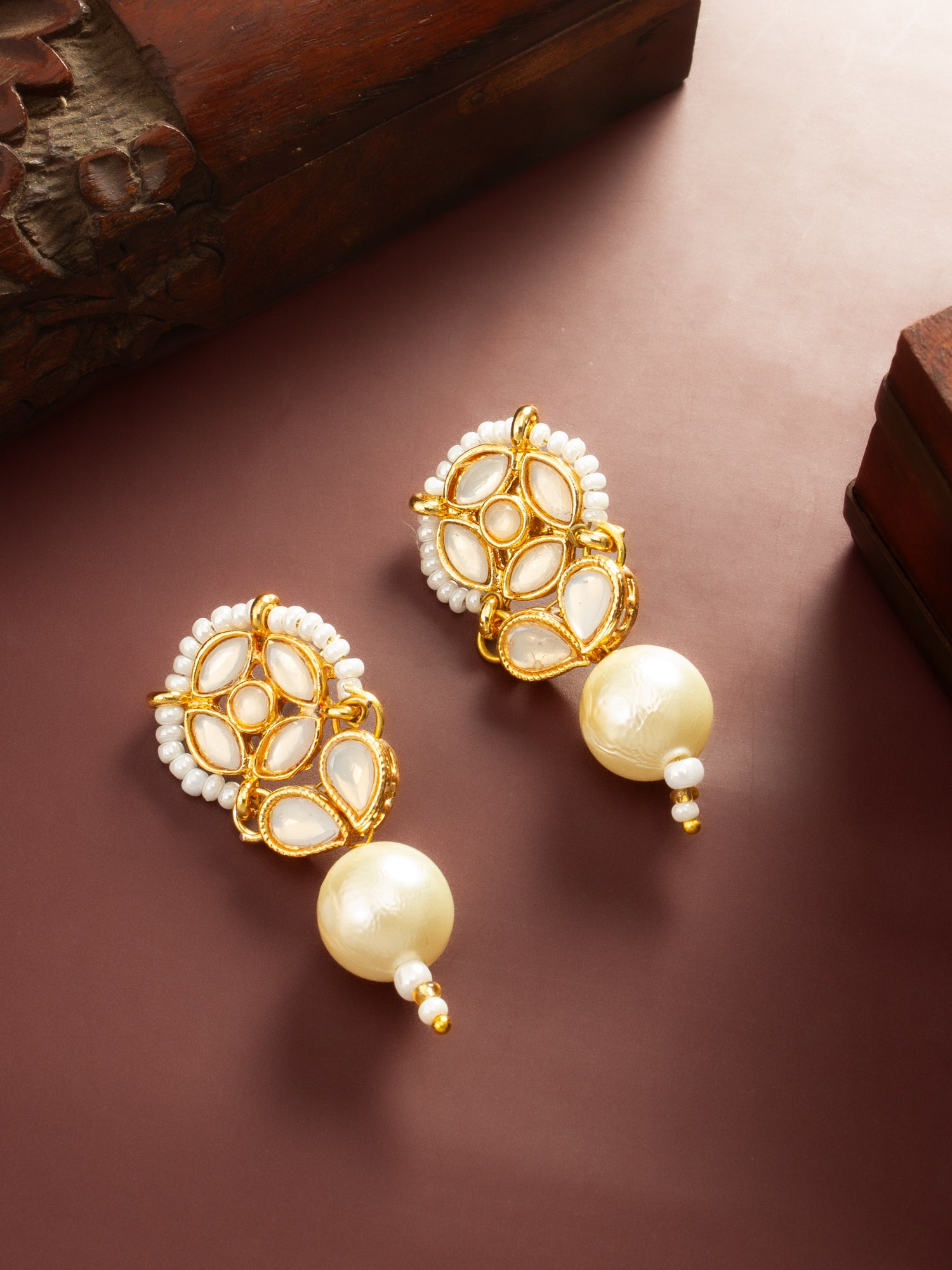 Aadita White Kundan Pearl Drop Earrings