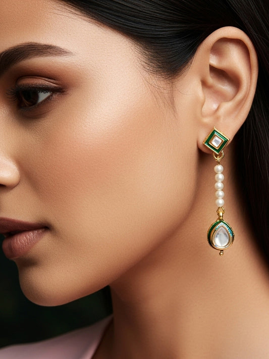 Aadita Green and Clear Kundan Long Drop Earrings with Pearls