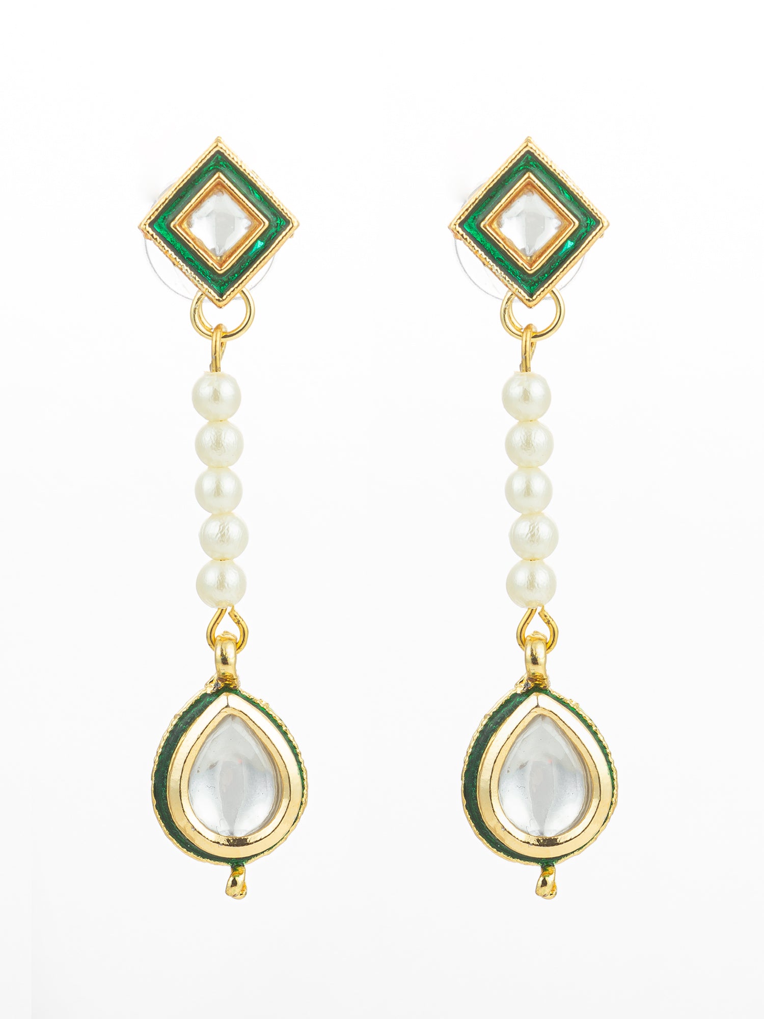 Aadita Green and Clear Kundan Long Drop Earrings with Pearls