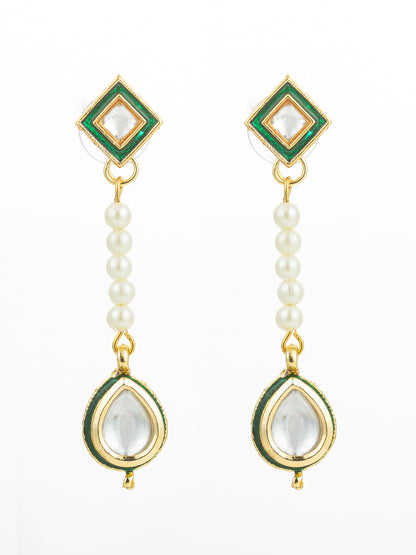 Aadita Green and Clear Kundan Long Drop Earrings with Pearls