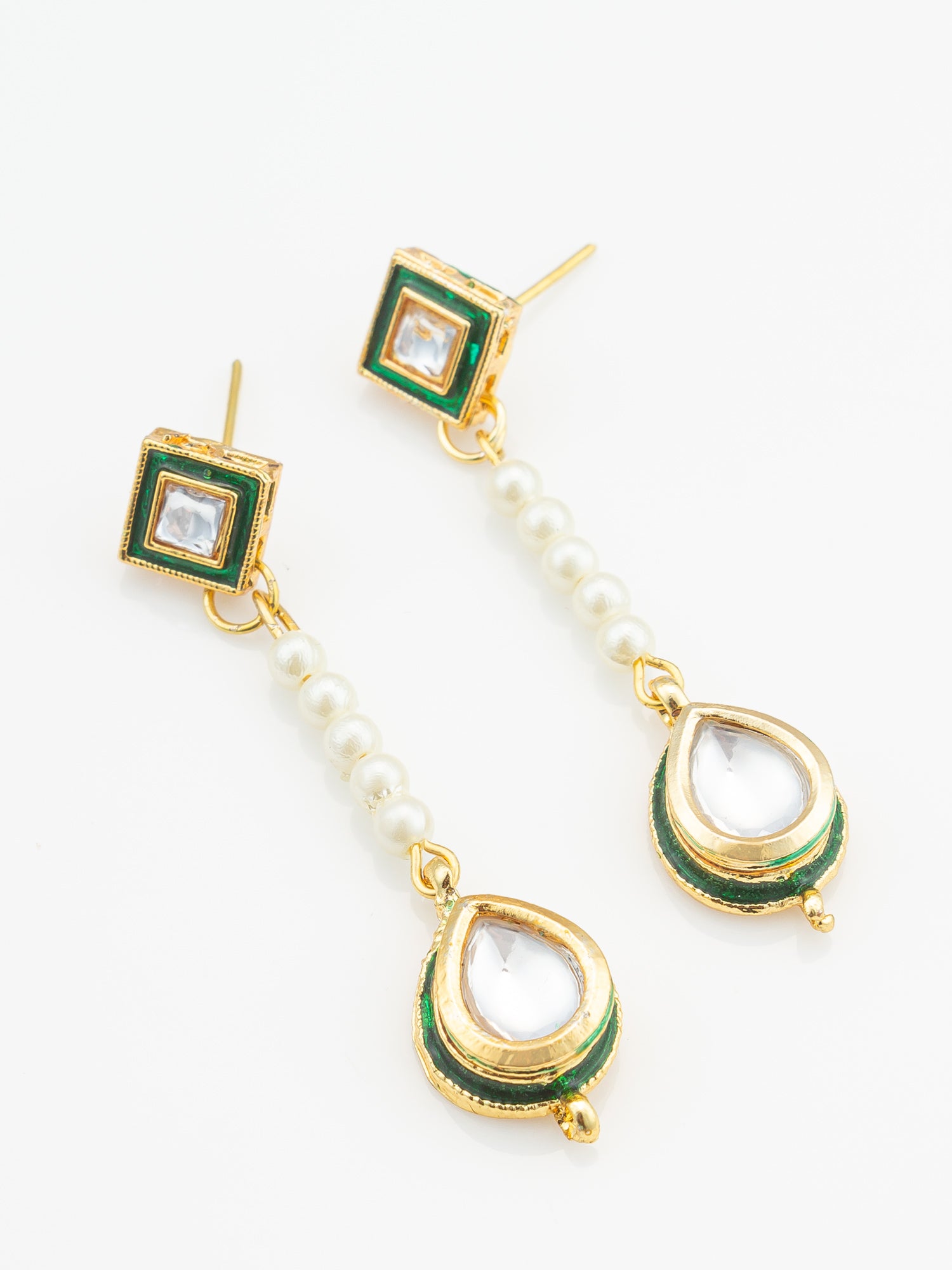 Aadita Green and Clear Kundan Long Drop Earrings with Pearls