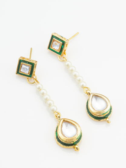 Aadita Green and Clear Kundan Long Drop Earrings with Pearls