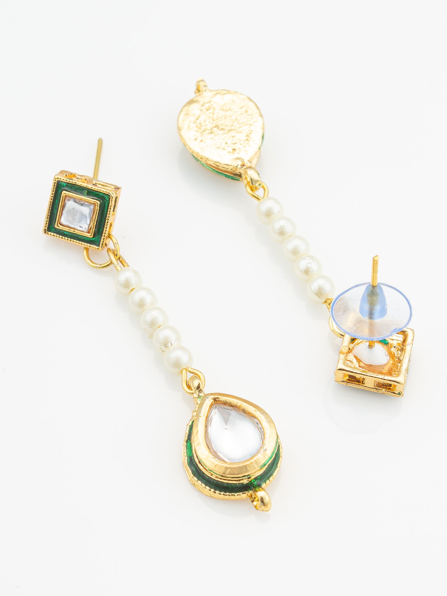 Aadita Green and Clear Kundan Long Drop Earrings with Pearls