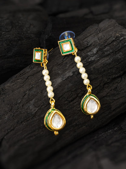 Aadita Green and Clear Kundan Long Drop Earrings with Pearls
