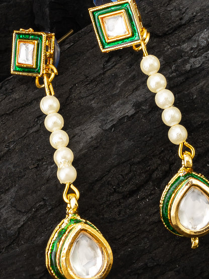 Aadita Green and Clear Kundan Long Drop Earrings with Pearls