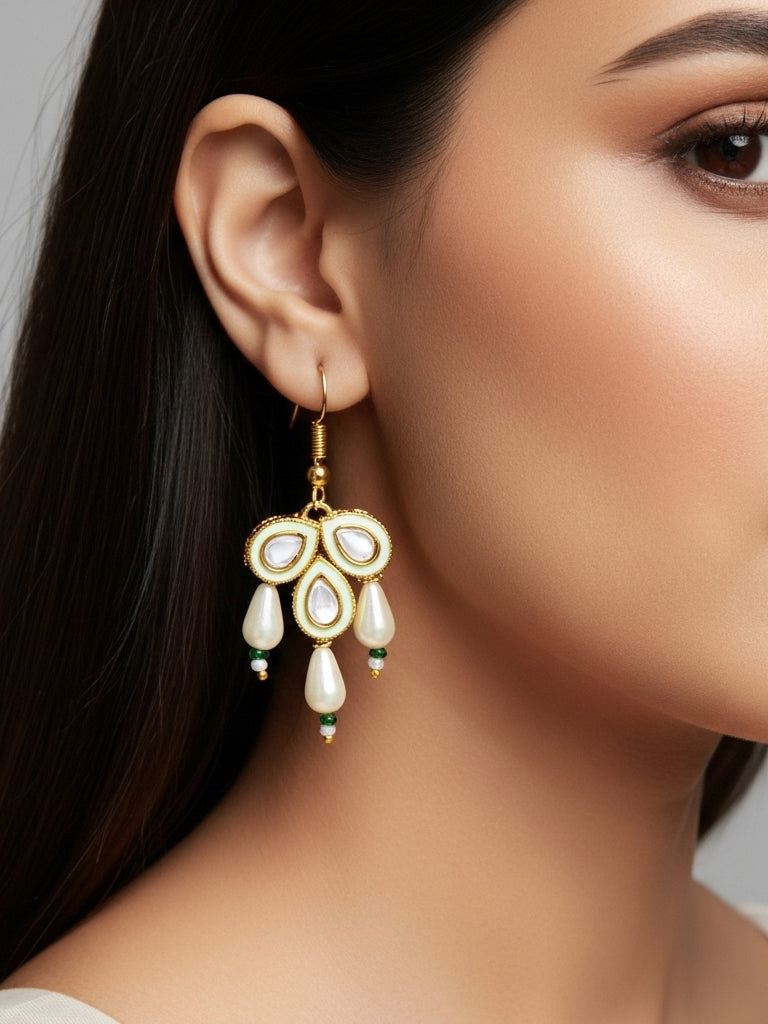 Aadita Mint Green Enamel Kundan Drop Earrings with Pearls