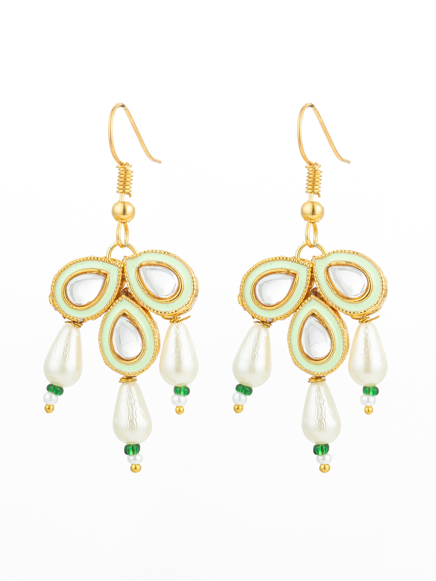 Aadita Mint Green Enamel Kundan Drop Earrings with Pearls