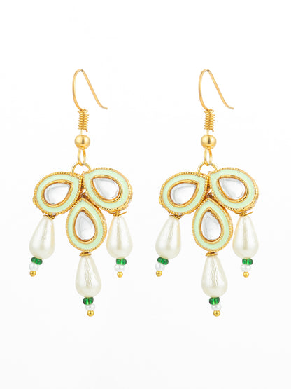 Aadita Mint Green Enamel Kundan Drop Earrings with Pearls