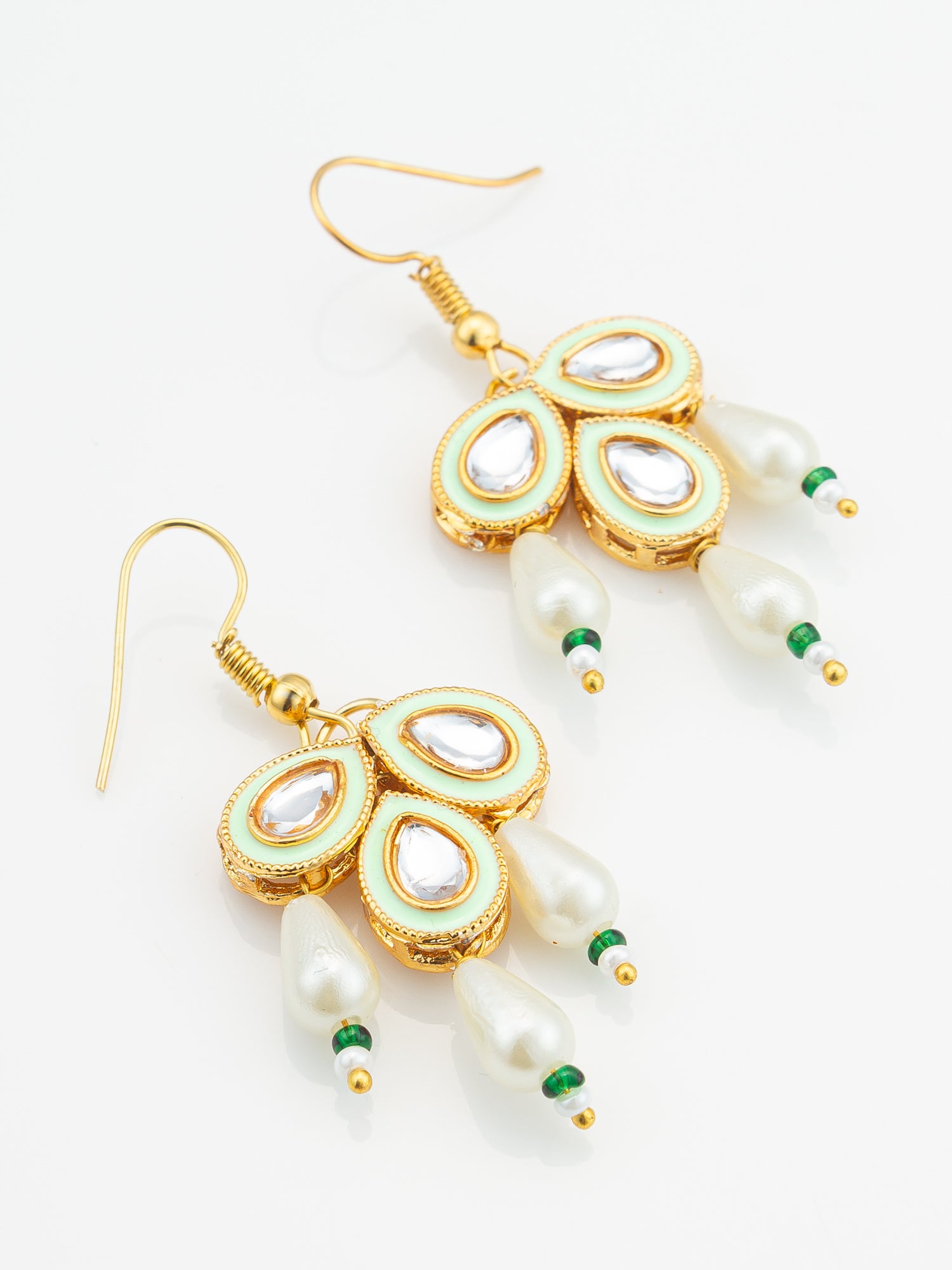 Aadita Mint Green Enamel Kundan Drop Earrings with Pearls