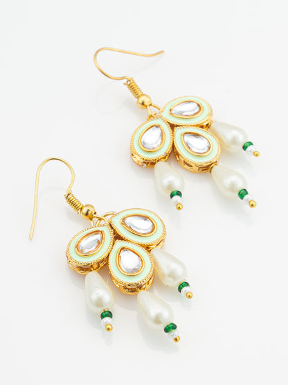 Aadita Mint Green Enamel Kundan Drop Earrings with Pearls