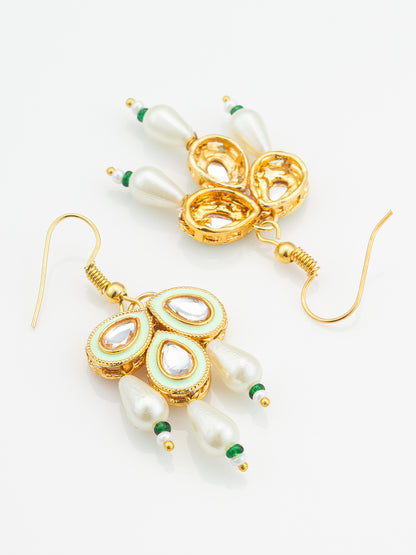 Aadita Mint Green Enamel Kundan Drop Earrings with Pearls