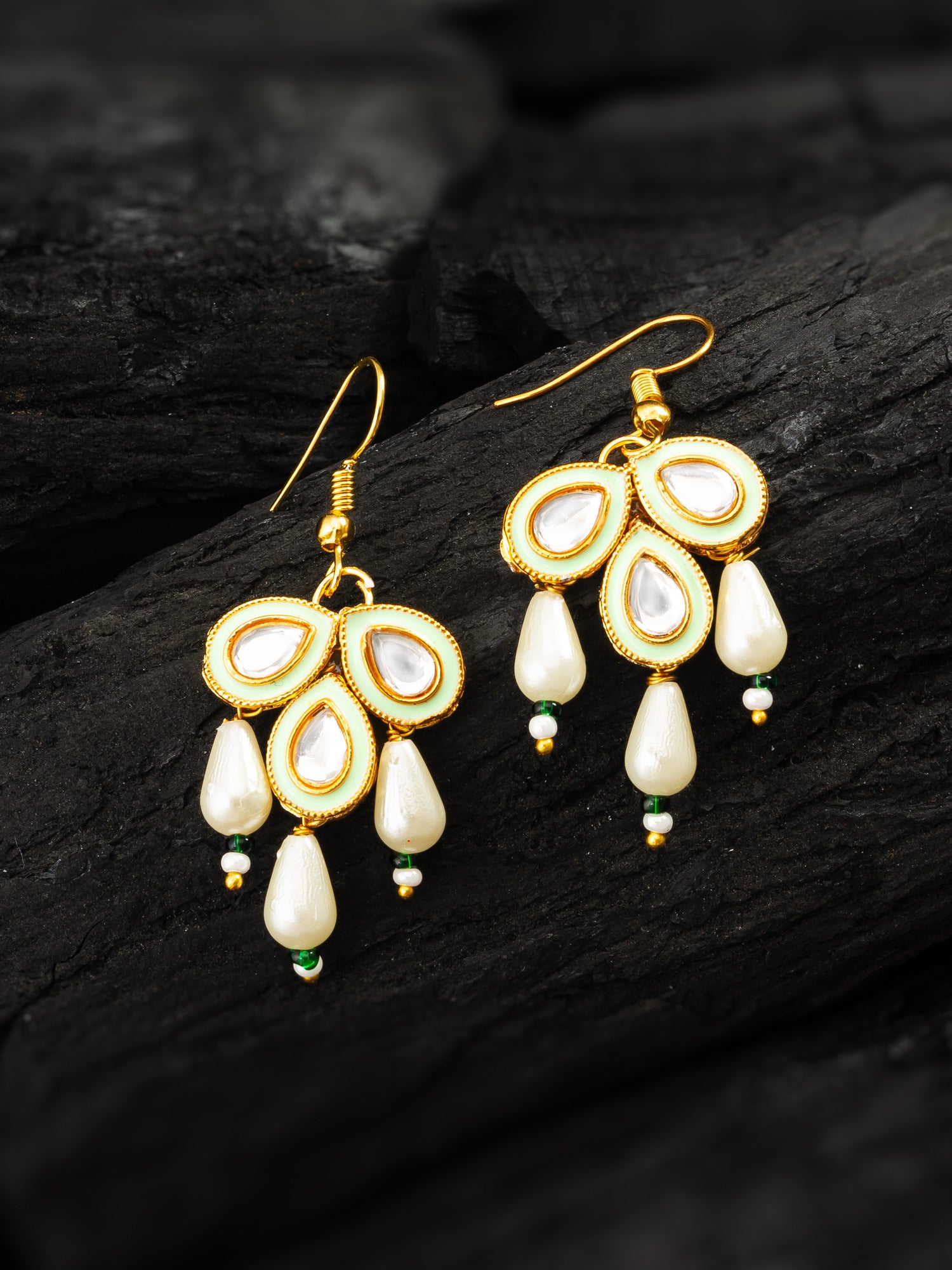 Aadita Mint Green Enamel Kundan Drop Earrings with Pearls