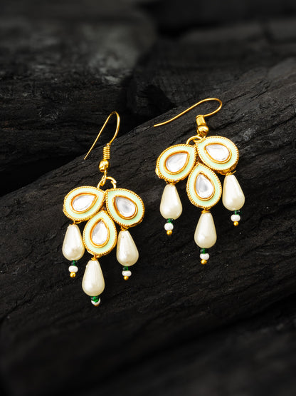 Aadita Mint Green Enamel Kundan Drop Earrings with Pearls