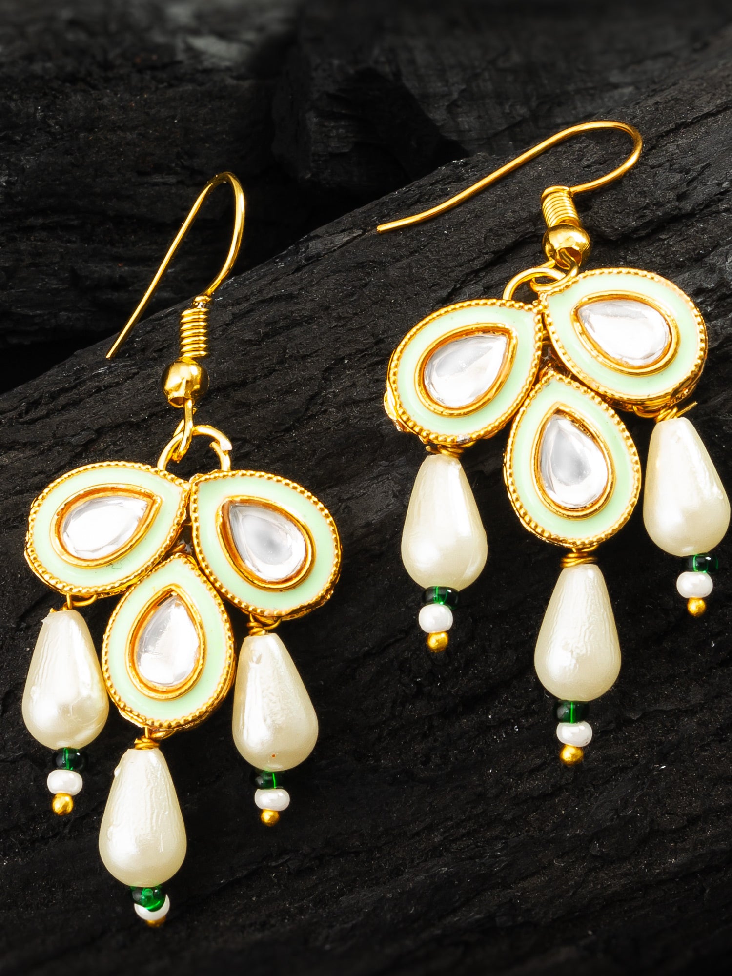 Aadita Mint Green Enamel Kundan Drop Earrings with Pearls
