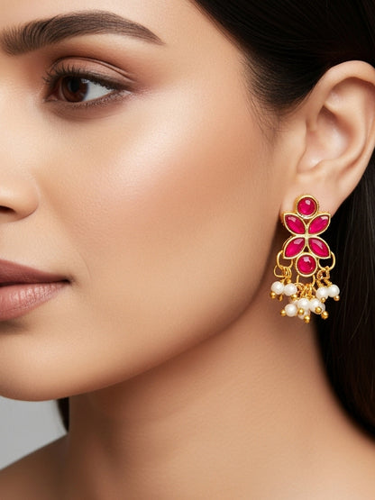 Aadita Premium Gold Plated Pink Kundan and Pearl Earrings