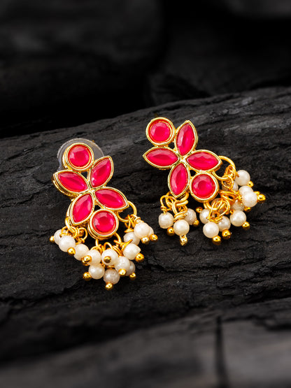 Aadita Premium Gold Plated Pink Kundan and Pearl Earrings