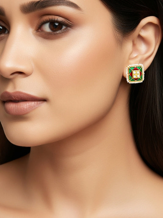 Aadita Gold Plated Geometric Pearl Border Stud Earrings