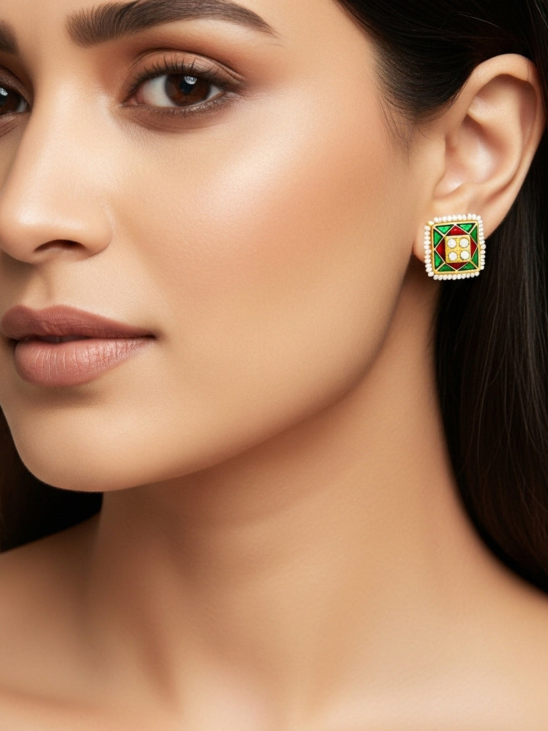 Aadita Gold Plated Geometric Pearl Border Stud Earrings