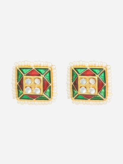 Aadita Gold Plated Geometric Pearl Border Stud Earrings