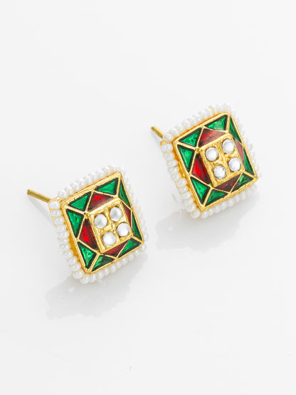 Aadita Gold Plated Geometric Pearl Border Stud Earrings