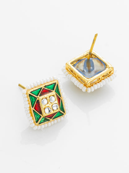 Aadita Gold Plated Geometric Pearl Border Stud Earrings