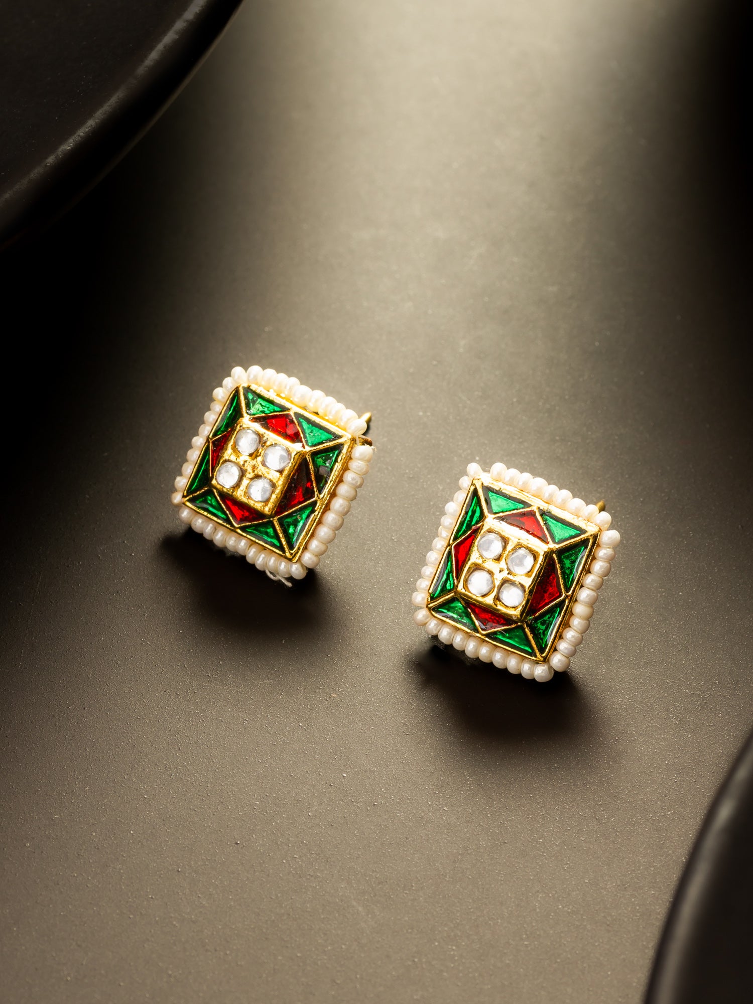 Aadita Gold Plated Geometric Pearl Border Stud Earrings