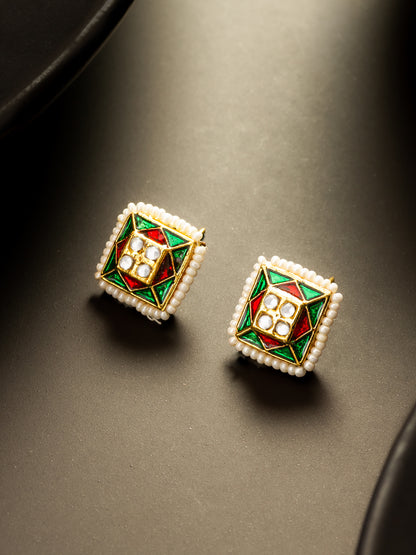 Aadita Gold Plated Geometric Pearl Border Stud Earrings