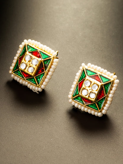 Aadita Gold Plated Geometric Pearl Border Stud Earrings