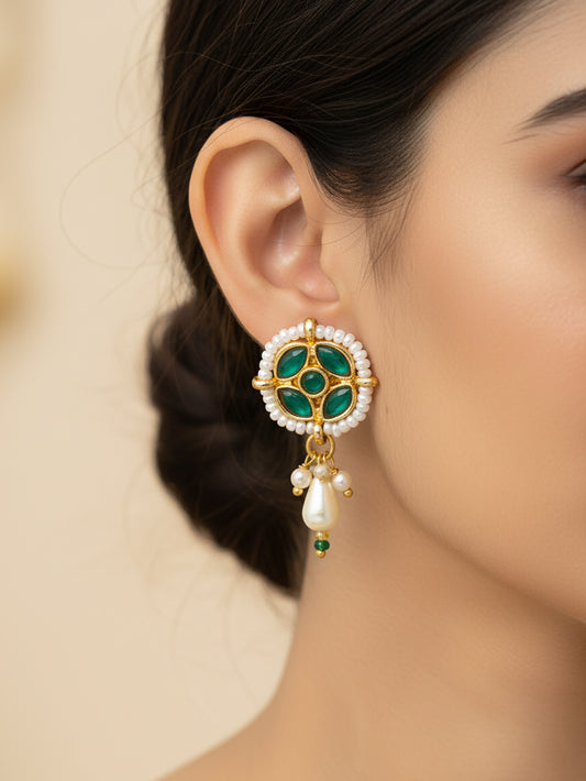 Aadita Gold Plated Green Stone Pearl Drop Earrings