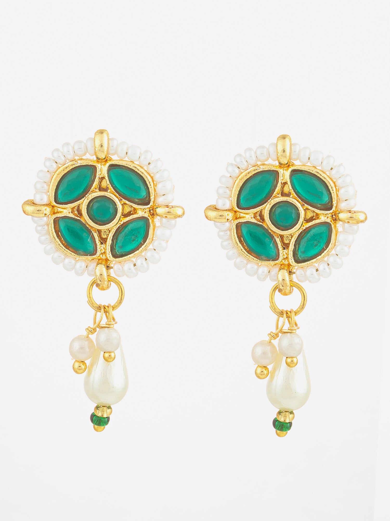 Aadita Gold Plated Green Stone Pearl Drop Earrings