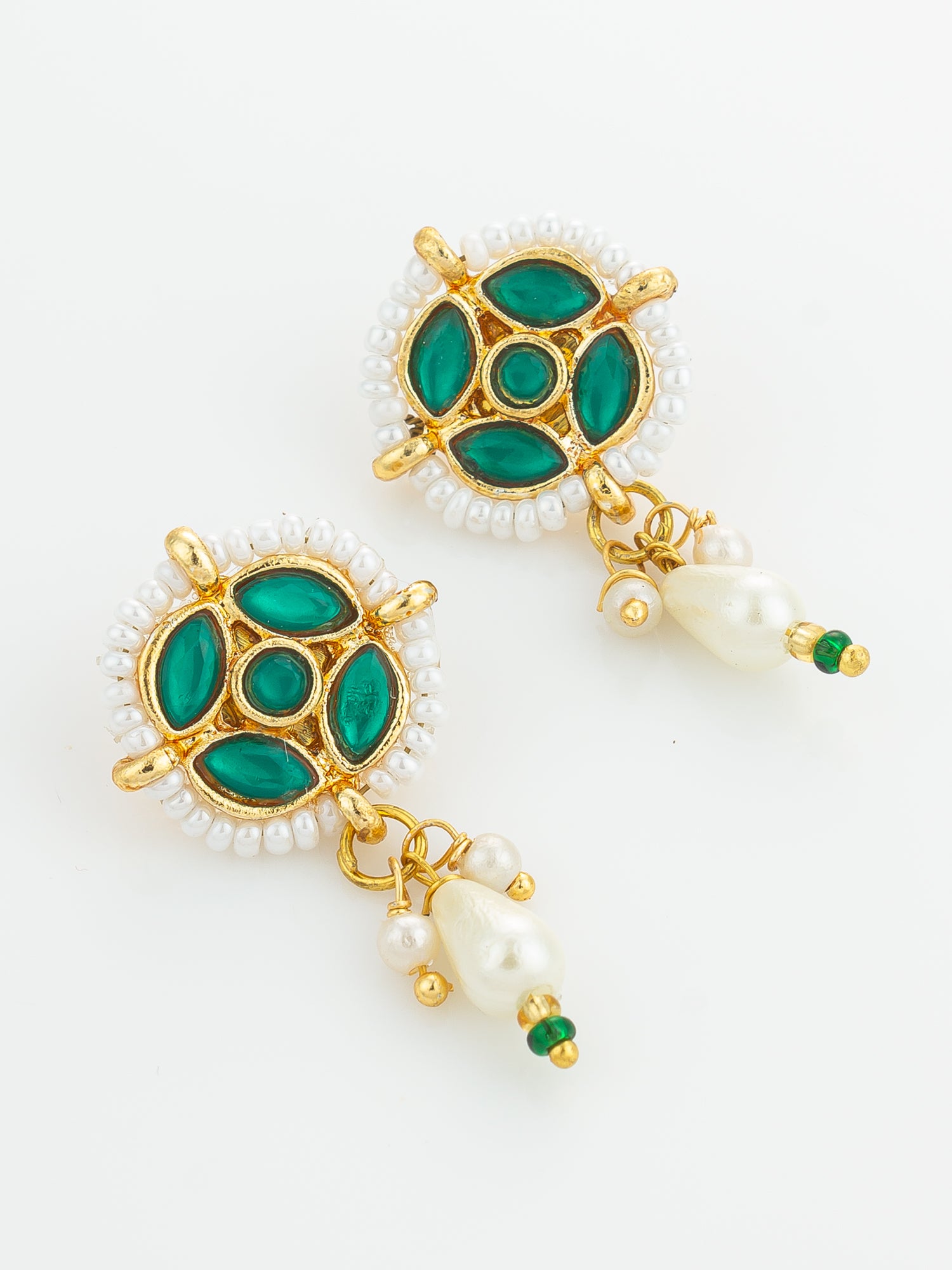 Aadita Gold Plated Green Stone Pearl Drop Earrings