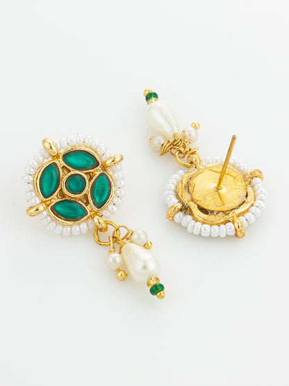 Aadita Gold Plated Green Stone Pearl Drop Earrings