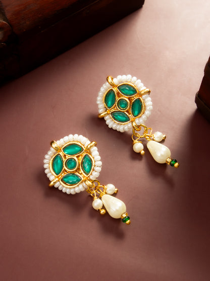 Aadita Gold Plated Green Stone Pearl Drop Earrings