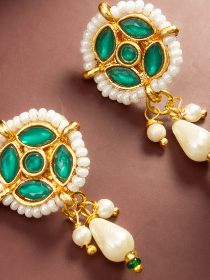 Aadita Gold Plated Green Stone Pearl Drop Earrings