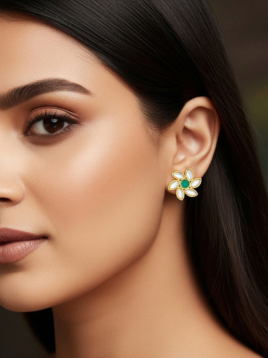 Aadita Traditional Gold Plated White and Green Kundan Floral Studs