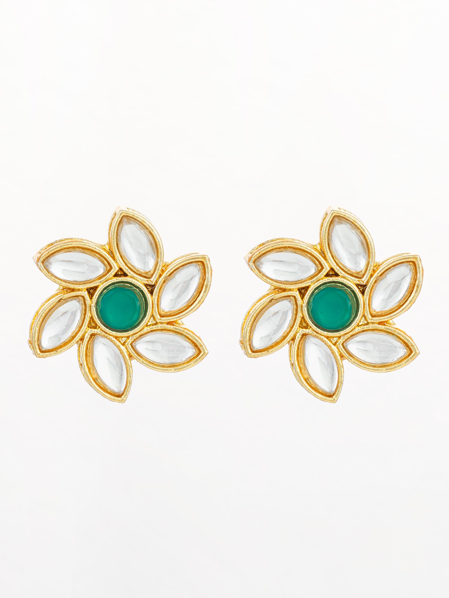 Aadita Traditional Gold Plated White and Green Kundan Floral Studs