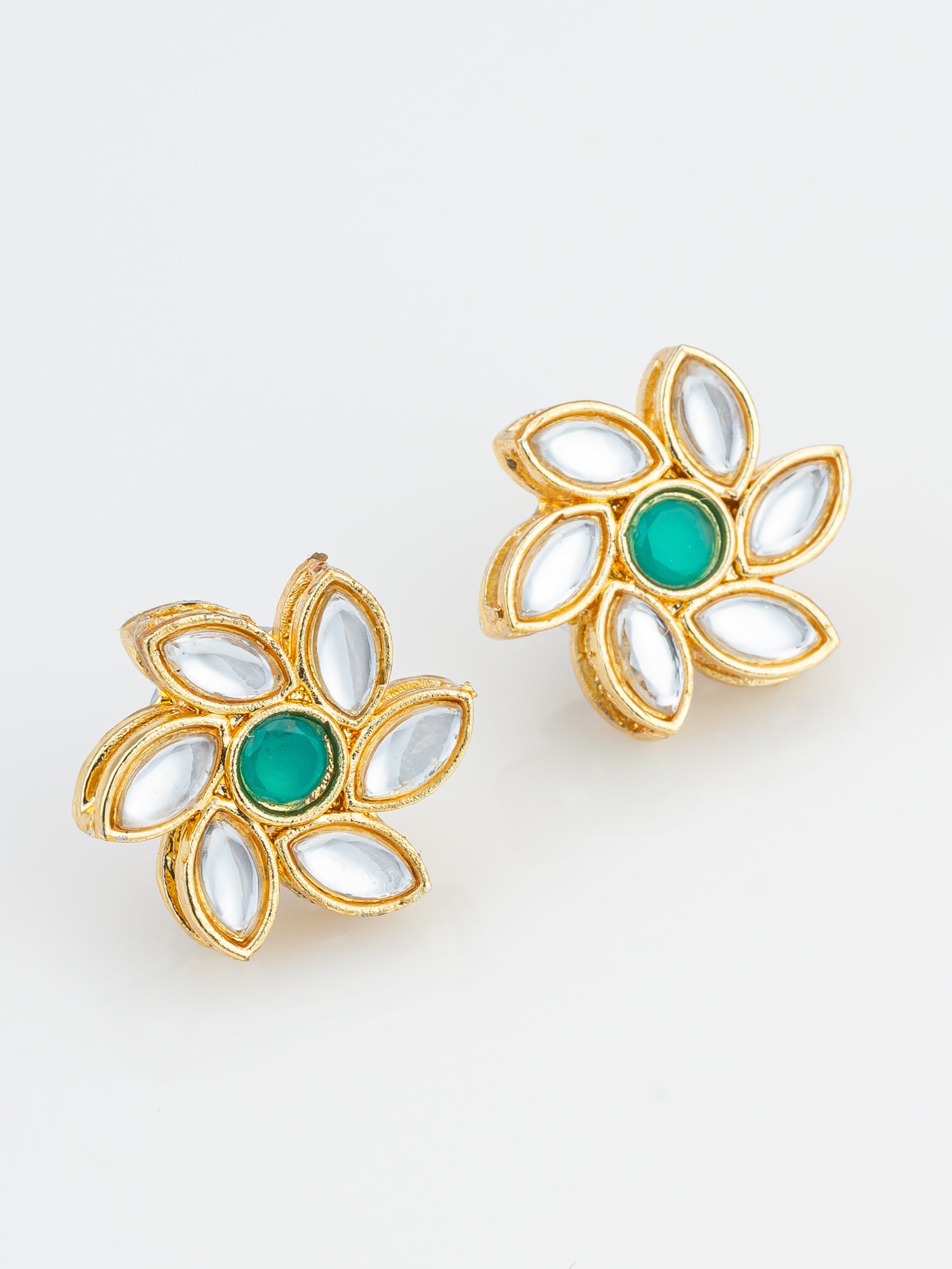 Aadita Traditional Gold Plated White and Green Kundan Floral Studs