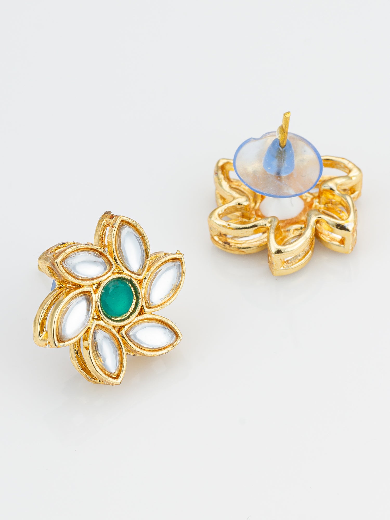Aadita Traditional Gold Plated White and Green Kundan Floral Studs