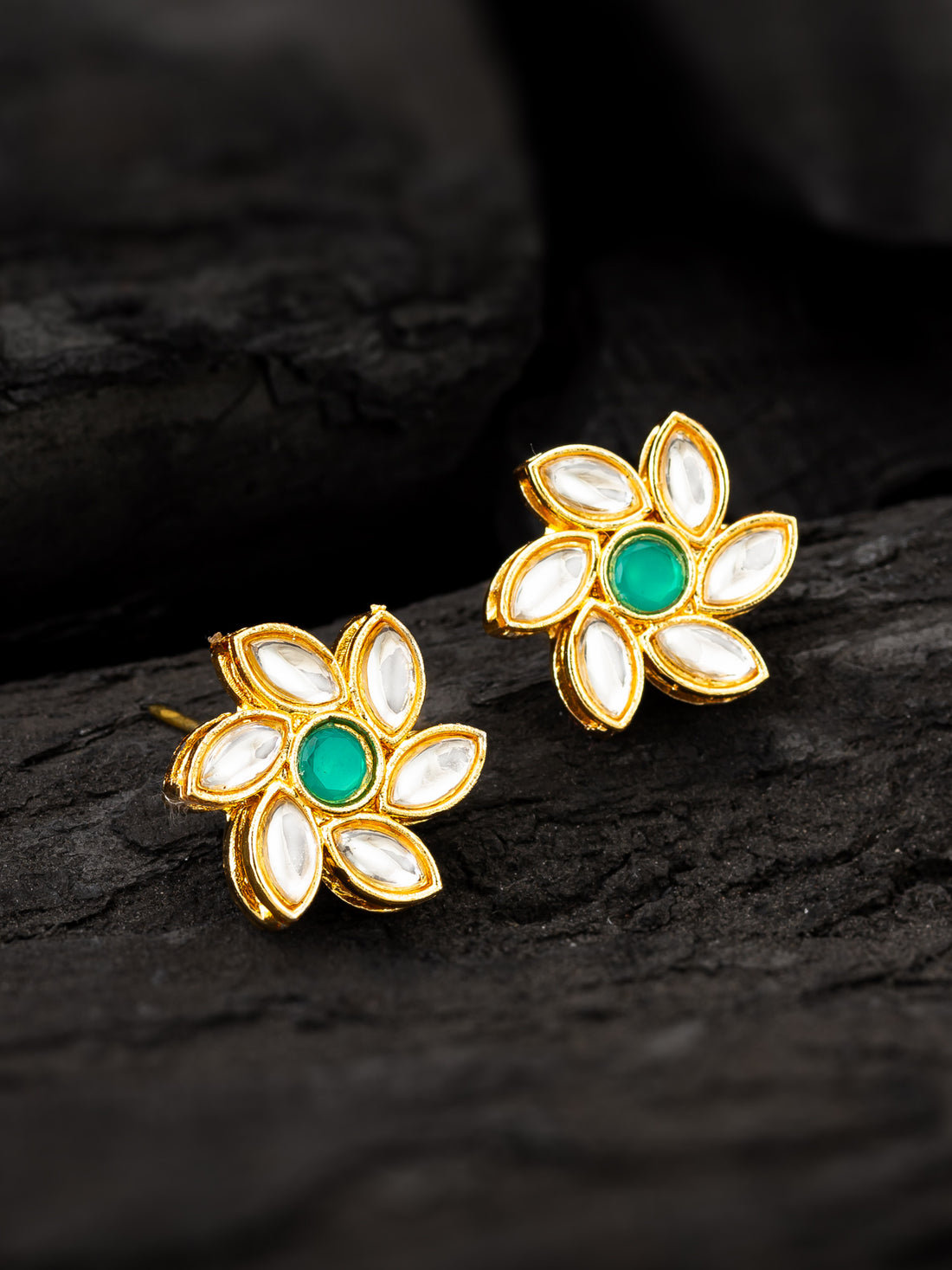 Aadita Traditional Gold Plated White and Green Kundan Floral Studs