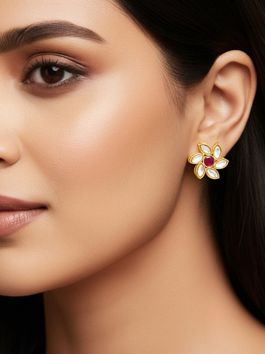Aadita Vibrant Gold Plated White and Pink Kundan Floral Studs