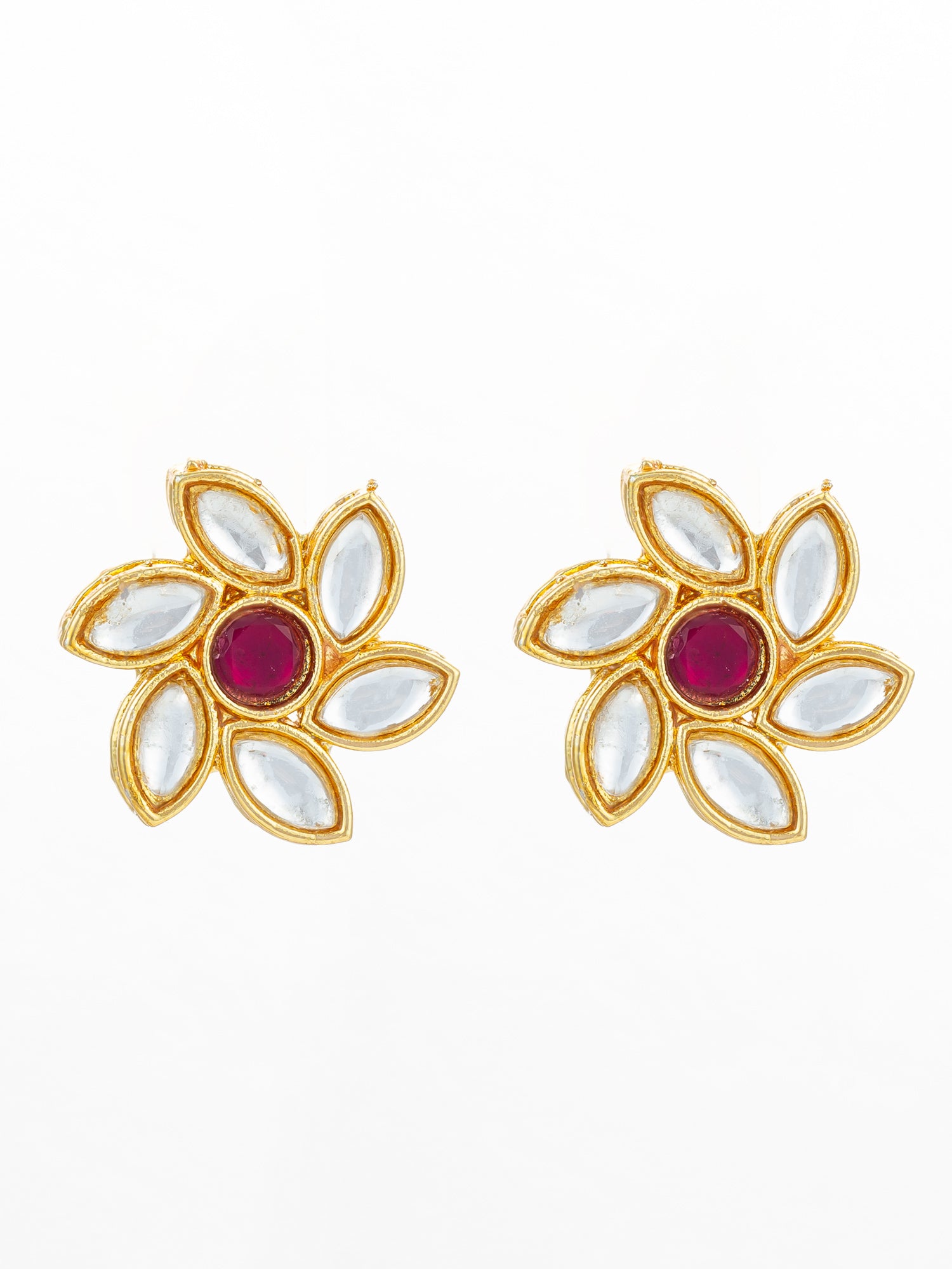 Aadita Vibrant Gold Plated White and Pink Kundan Floral Studs