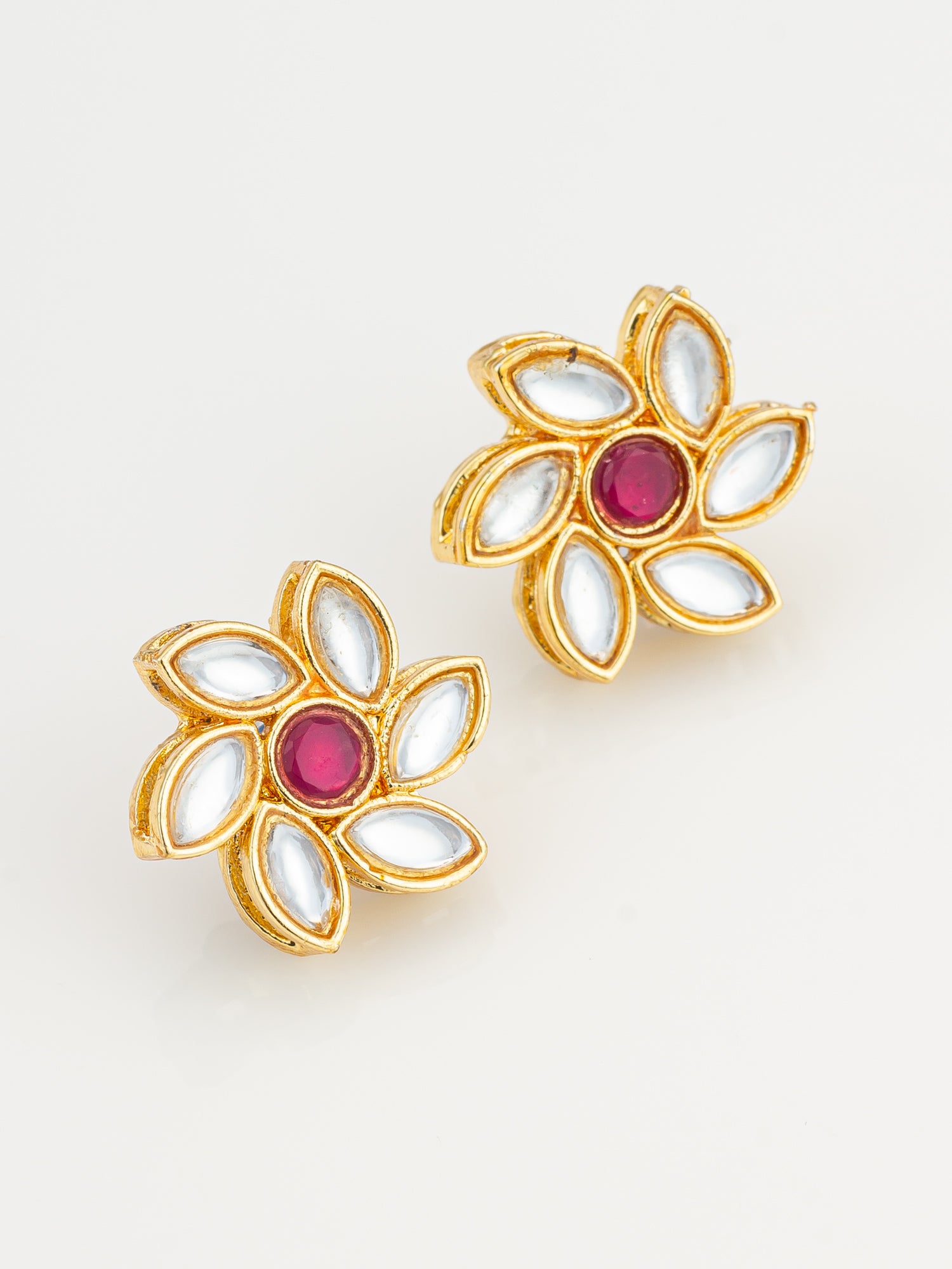 Aadita Vibrant Gold Plated White and Pink Kundan Floral Studs