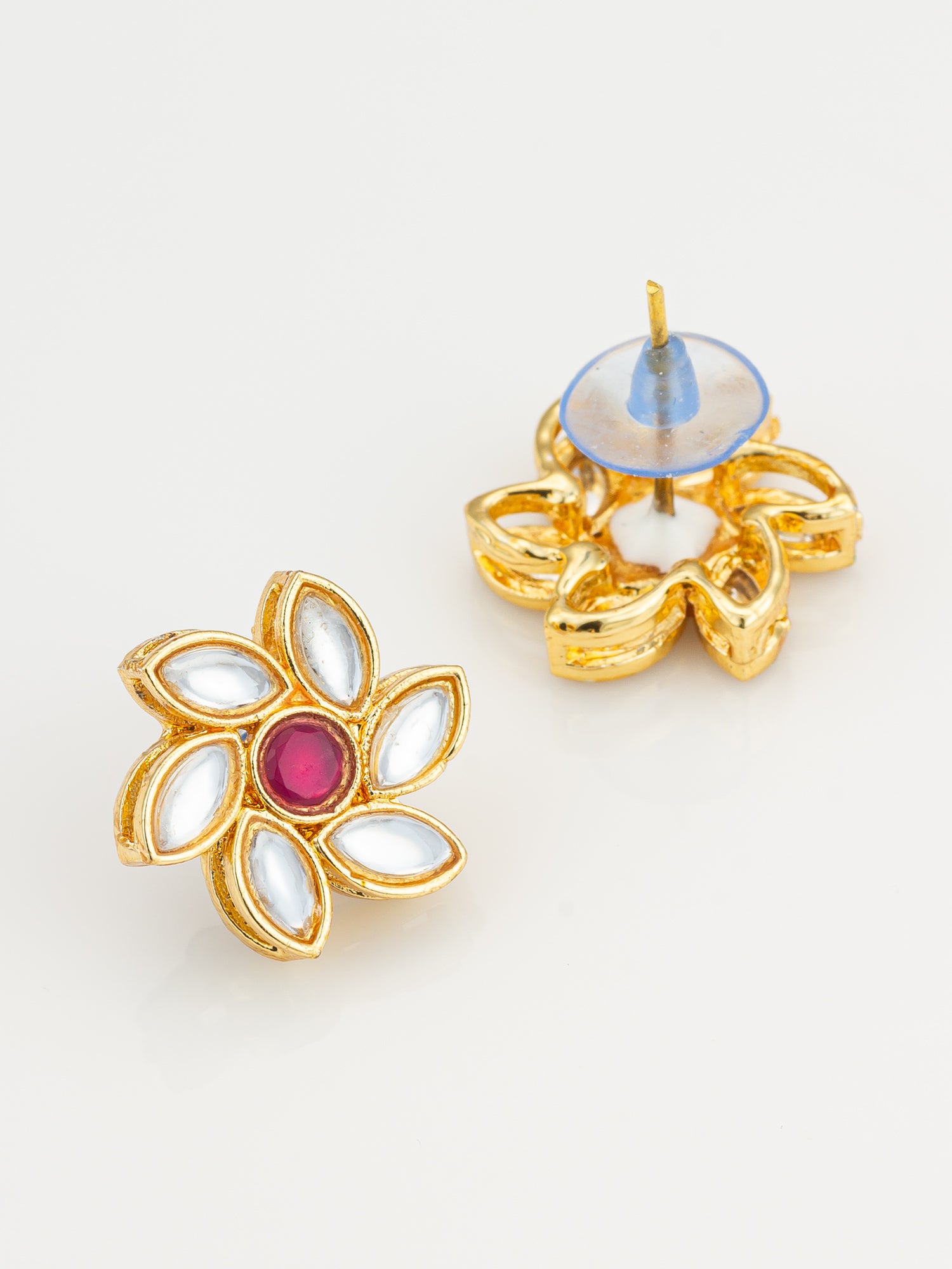 Aadita Vibrant Gold Plated White and Pink Kundan Floral Studs