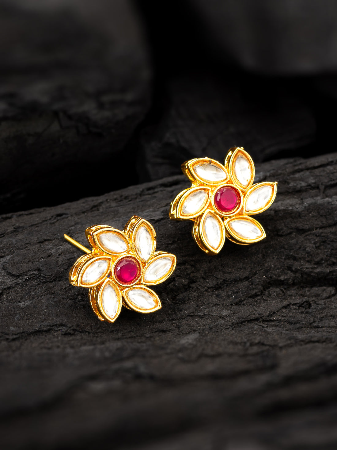 Aadita Vibrant Gold Plated White and Pink Kundan Floral Studs