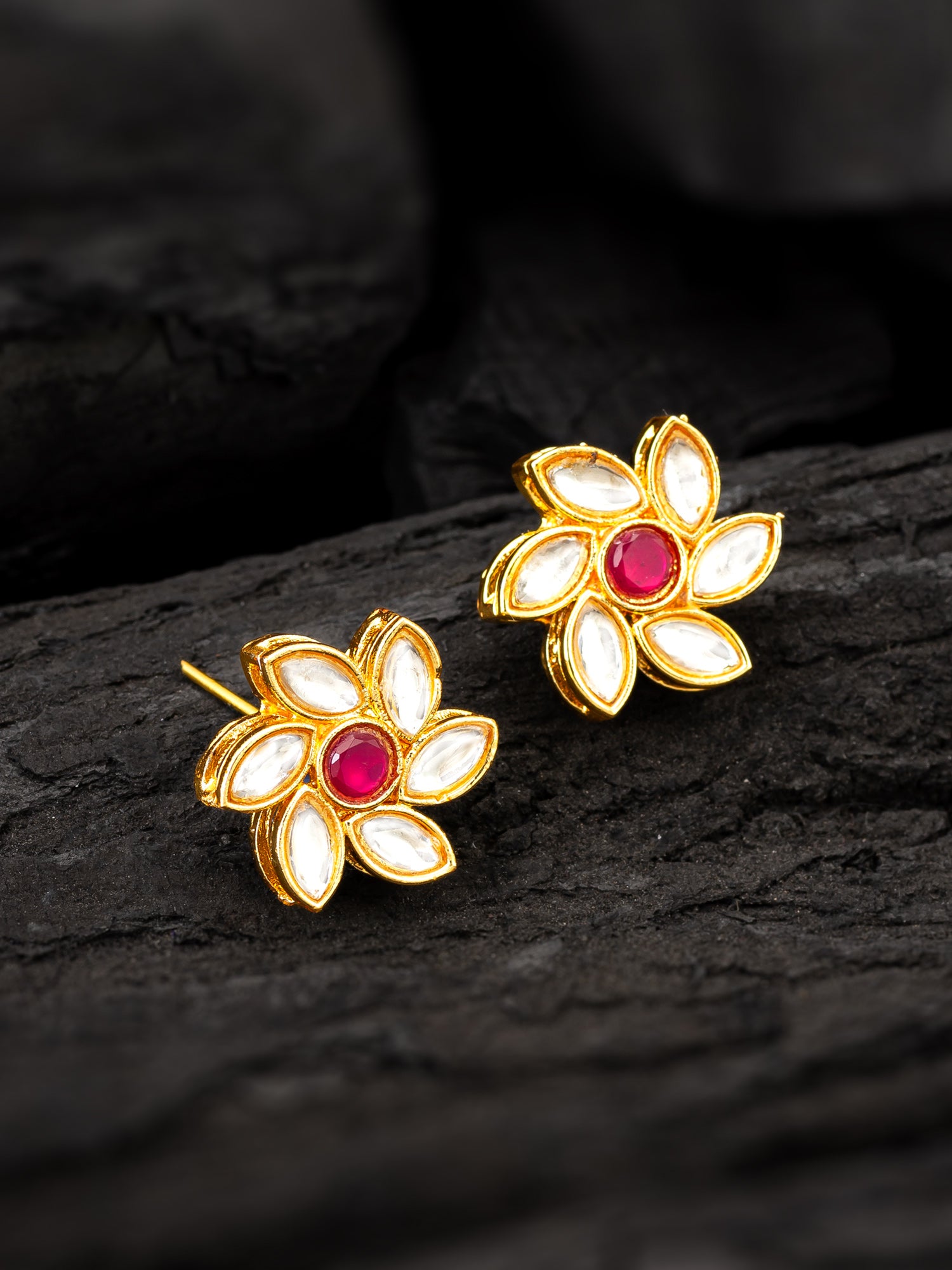 Aadita Vibrant Gold Plated White and Pink Kundan Floral Studs