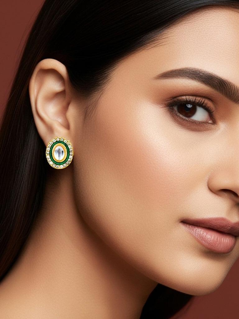 Aadita Traditional Gold Plated Green and White Kundan Stud Earrings