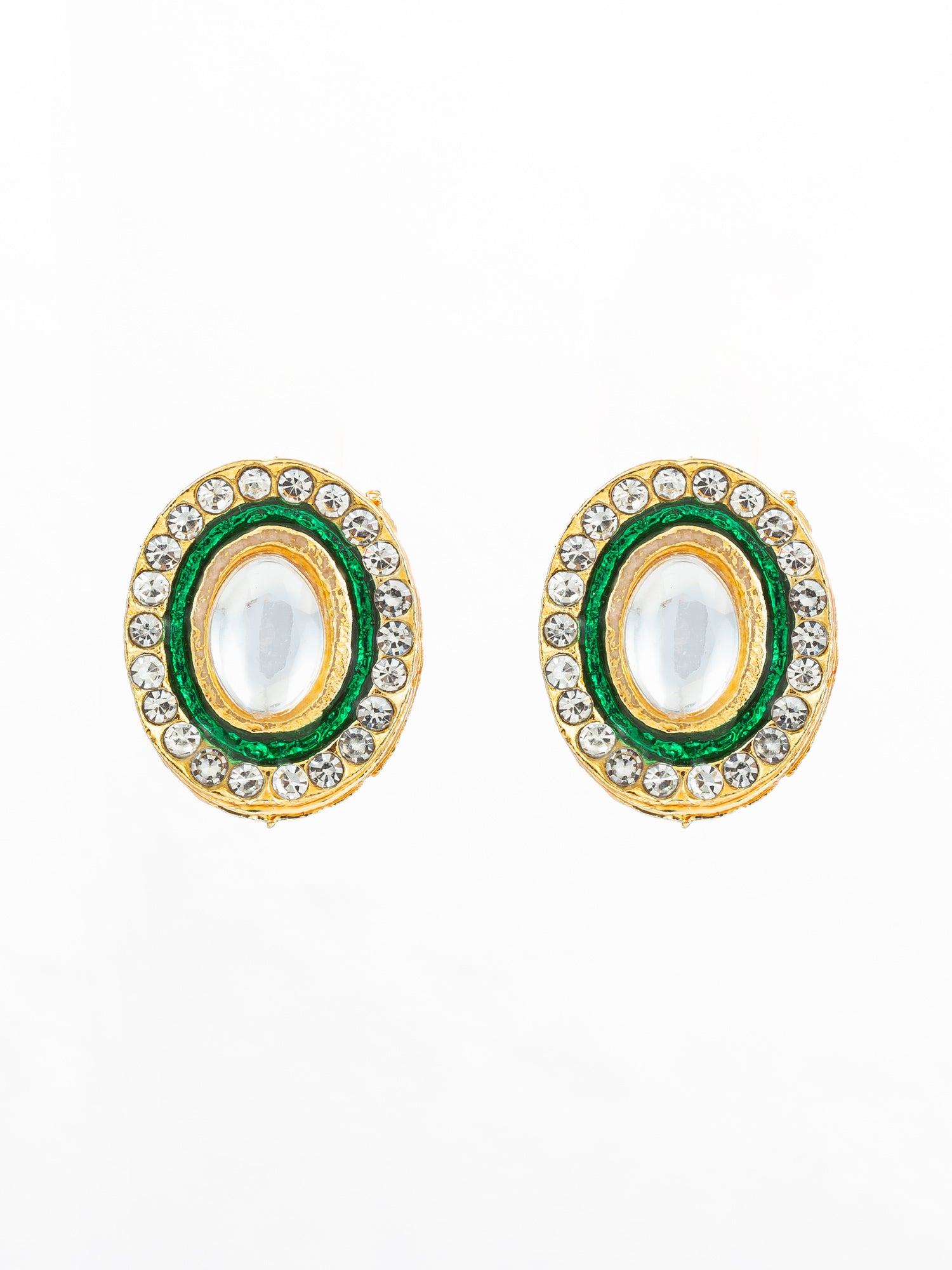 Aadita Traditional Gold Plated Green and White Kundan Stud Earrings